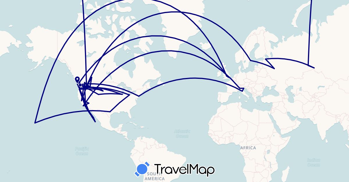 TravelMap itinerary: driving in Canada, United Kingdom, Italy, Mexico, Russia, Sweden, United States (Europe, North America)